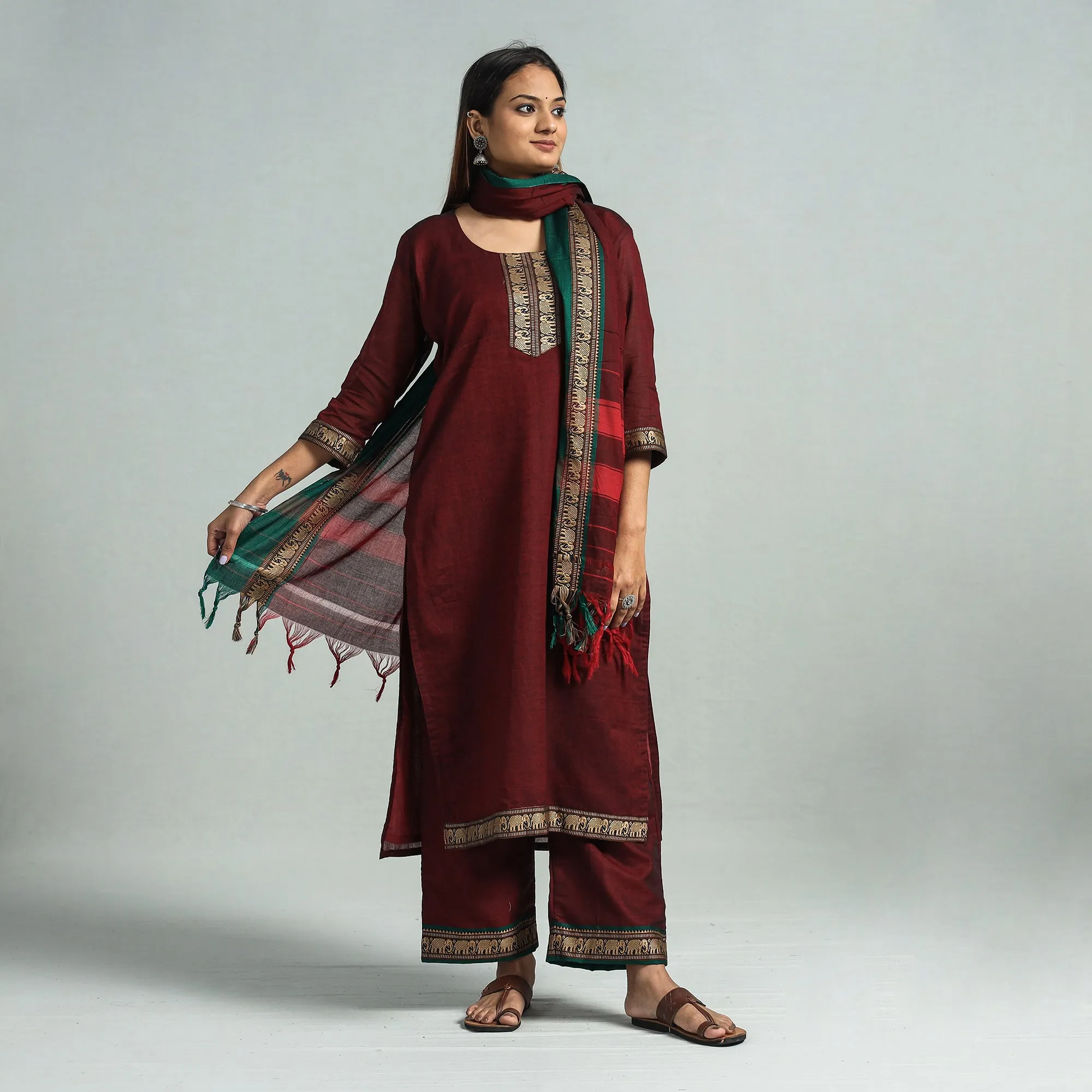Maroon - Dharwad Cotton Kurta with Palazzo & Dupatta Set sold by Itokri product image thumbnail 2