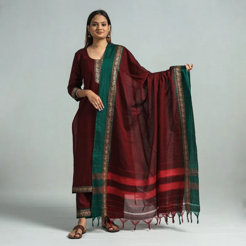 Maroon - Dharwad Cotton Kurta with Palazzo & Dupatta Set made by Itokri