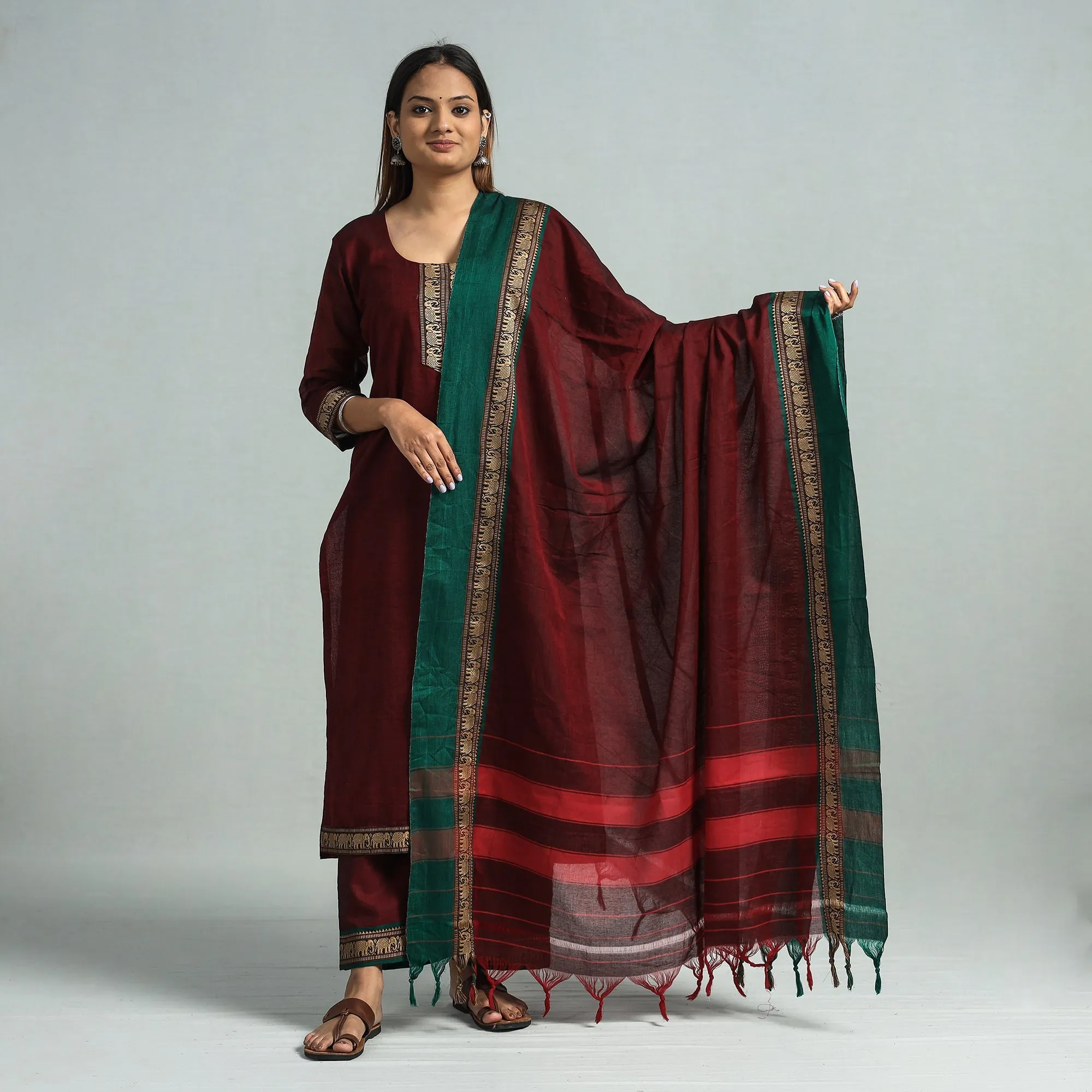 Maroon - Dharwad Cotton Kurta with Palazzo & Dupatta Set sold by Itokri