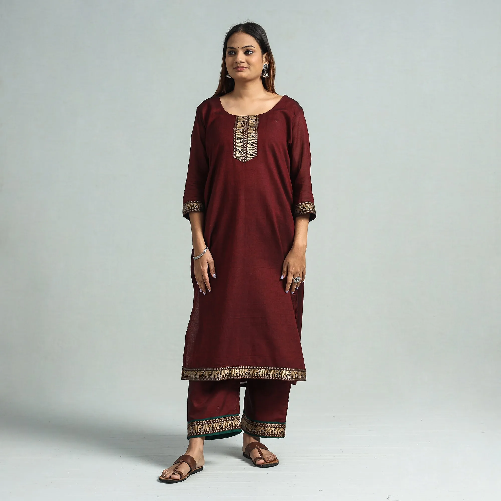 Maroon - Dharwad Cotton Kurta with Palazzo & Dupatta Set sold by Itokri product image thumbnail 4