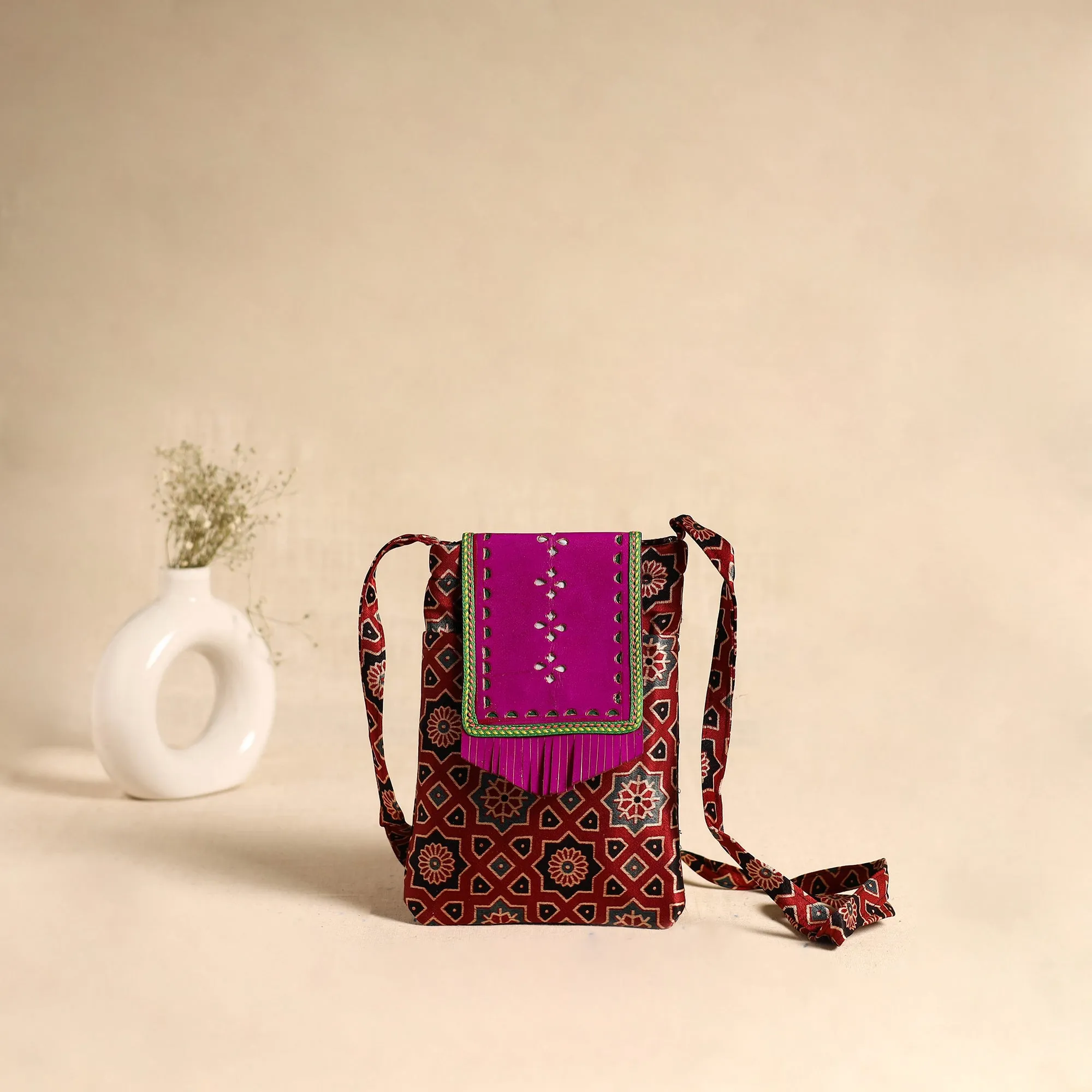 Traditional Kutch Mashru Silk Leather Flap Sling Bag 63 sold by Itokri