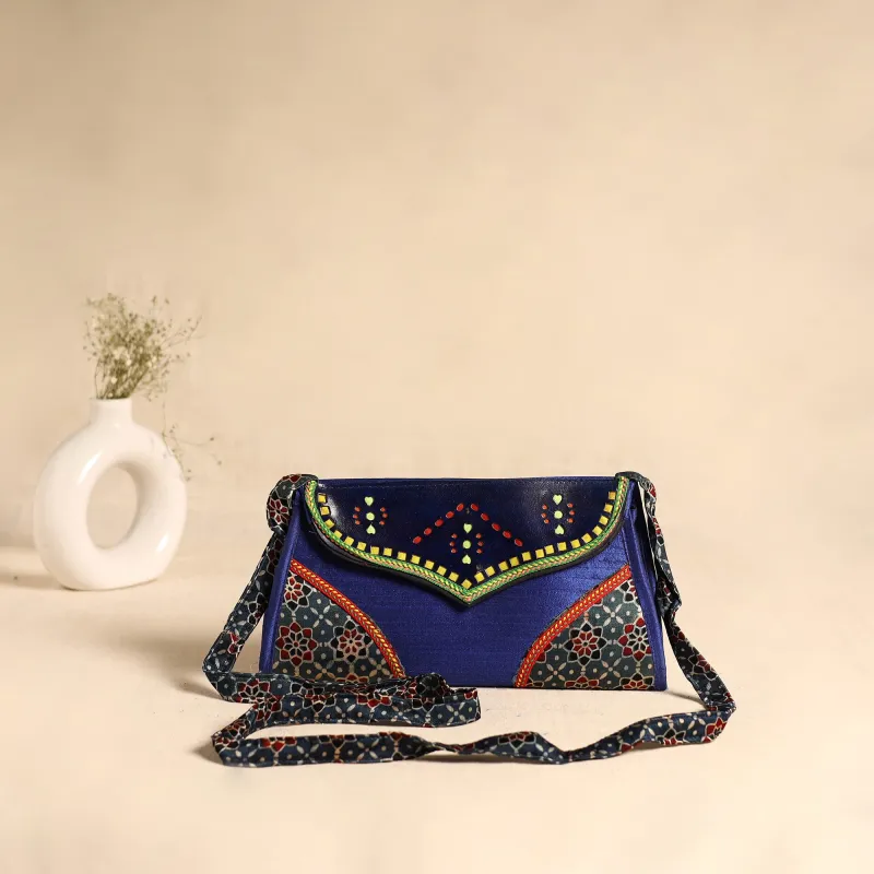 Traditional Kutch Patchwork Silk Leather Flap Sling Bag 32 made by Itokri
