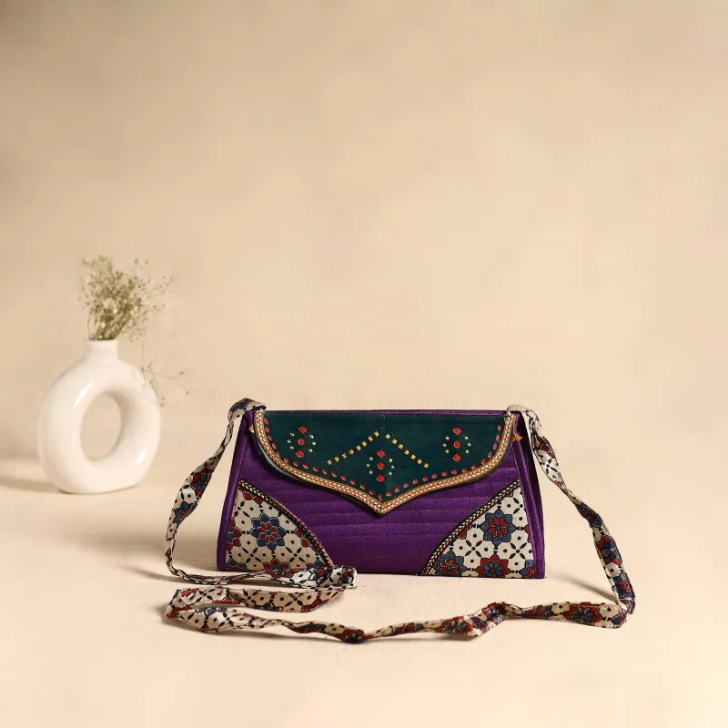 Traditional Kutch Patchwork Silk Leather Flap Sling Bag 33 made by Itokri
