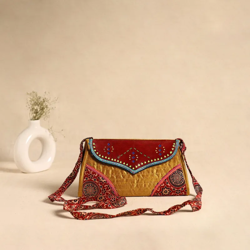 Traditional Kutch Patchwork Silk Leather Flap Sling Bag 30 made by Itokri