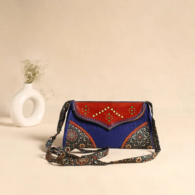 Blue - Traditional Kutch Patchwork Silk Leather Flap Sling Bag 27 made by Itokri