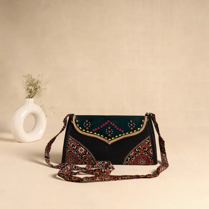 Traditional Kutch Patchwork Silk Leather Flap Sling Bag 29 made by Itokri