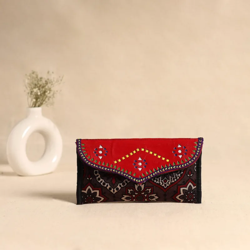 Brown - Traditional Kutch Mashru Silk Leather Flap Clutch / Wallet 114 made by Itokri