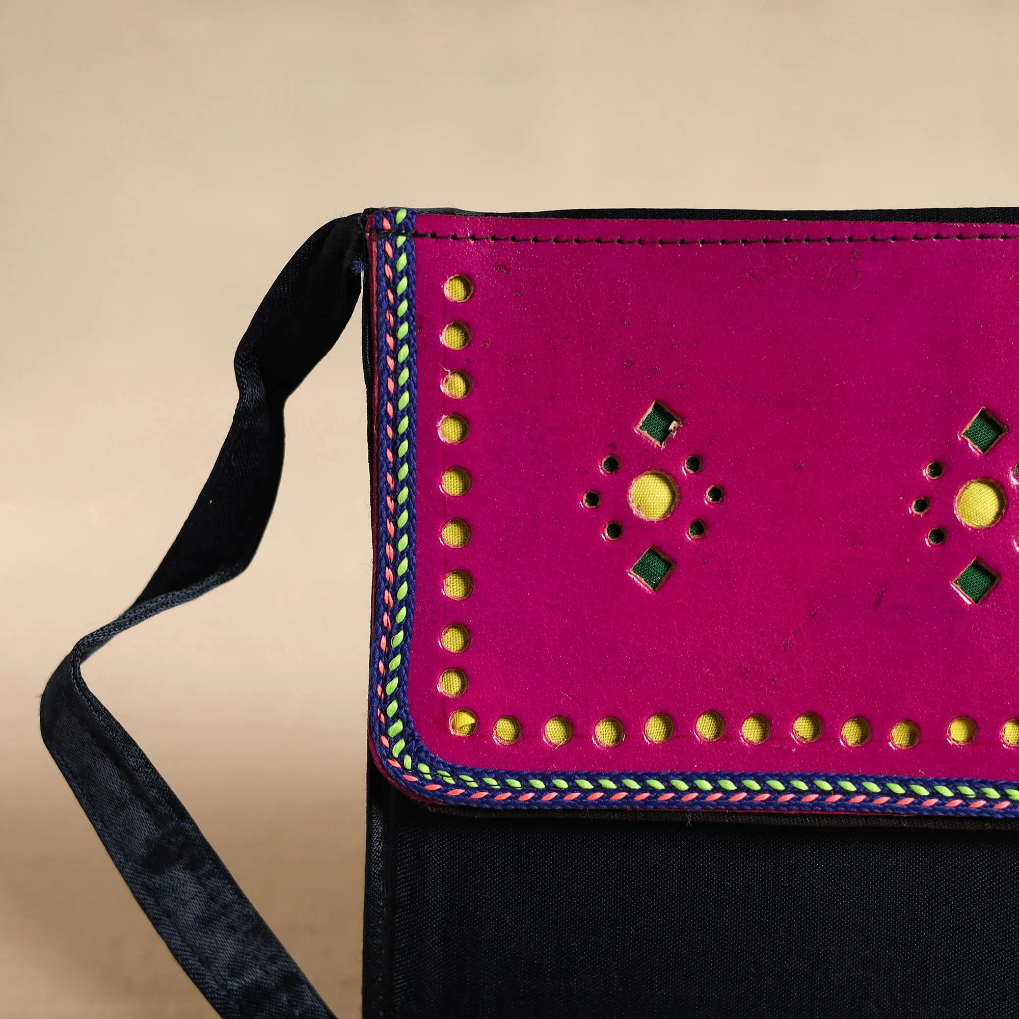 Traditional Kutch Mashru Silk Leather Flap Sling Bag 14 sold by Itokri product image thumbnail 3