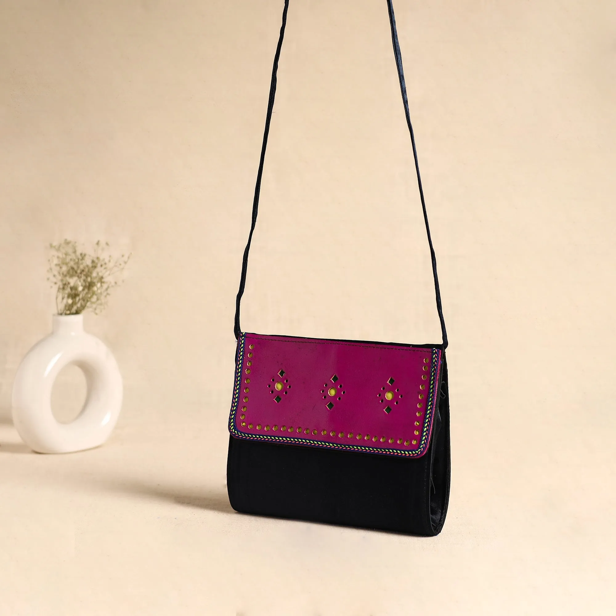 Traditional Kutch Mashru Silk Leather Flap Sling Bag 14 sold by Itokri product image thumbnail 2