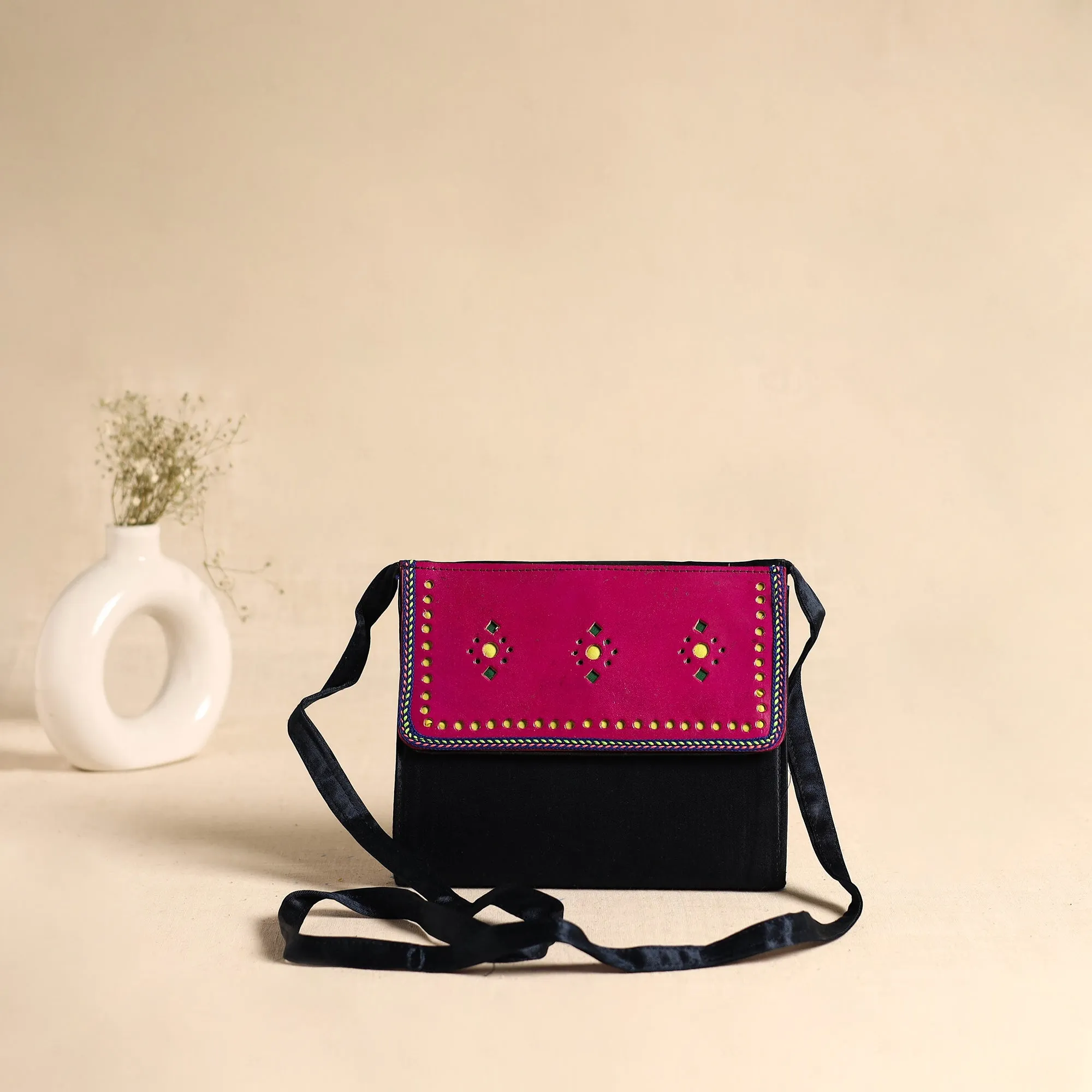 Traditional Kutch Mashru Silk Leather Flap Sling Bag 14 sold by Itokri