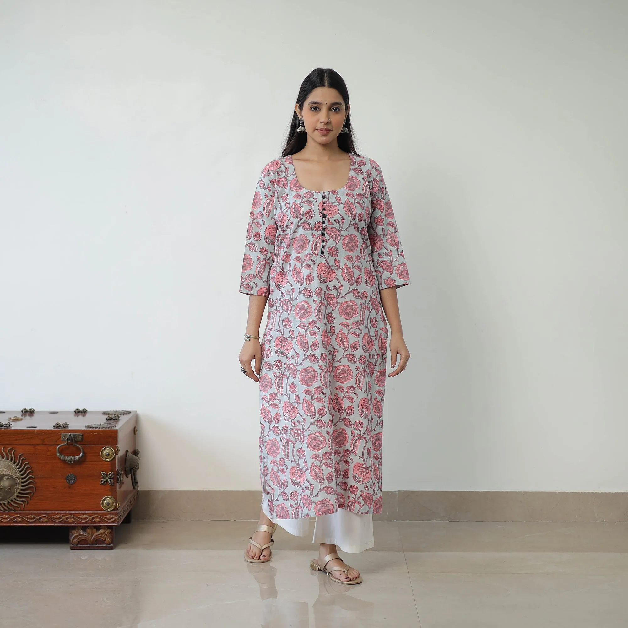 Grey - Sanganeri Block Printed Cotton Long Straight Kurta sold by Itokri product image thumbnail 3