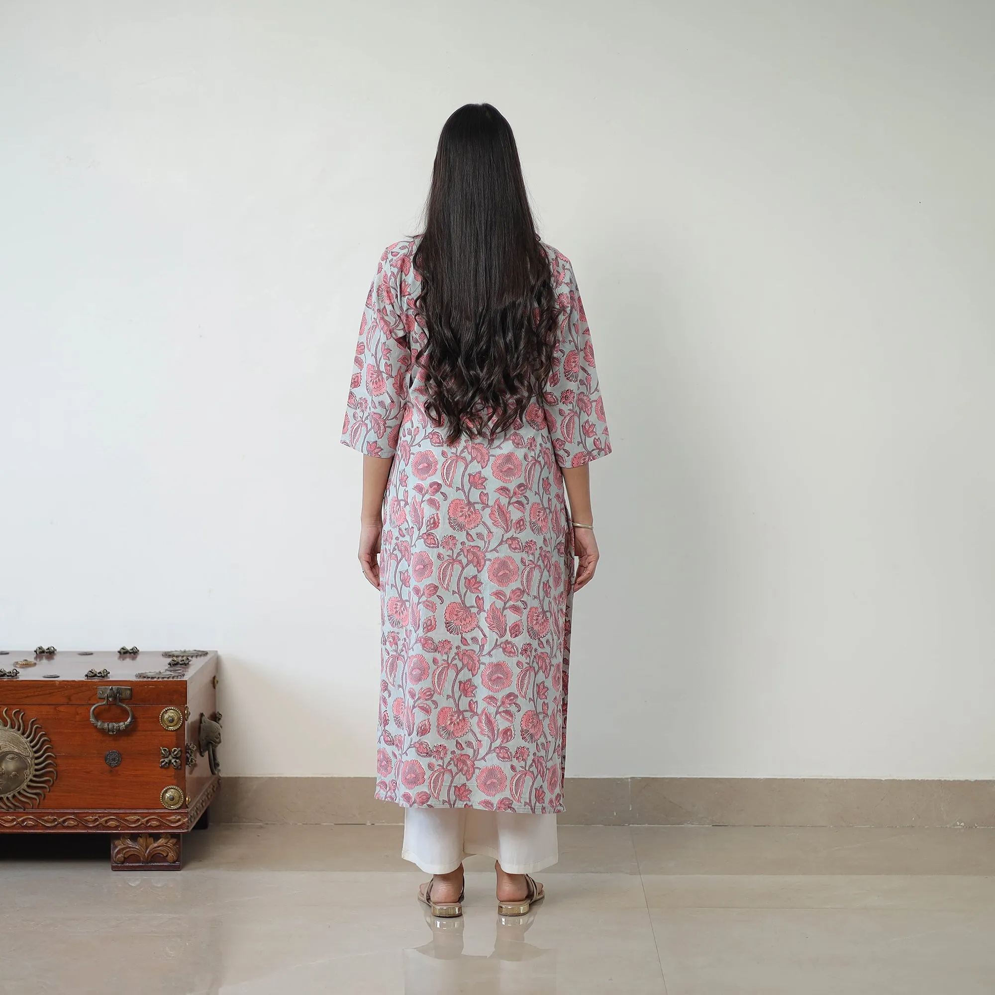 Grey - Sanganeri Block Printed Cotton Long Straight Kurta sold by Itokri product image thumbnail 5