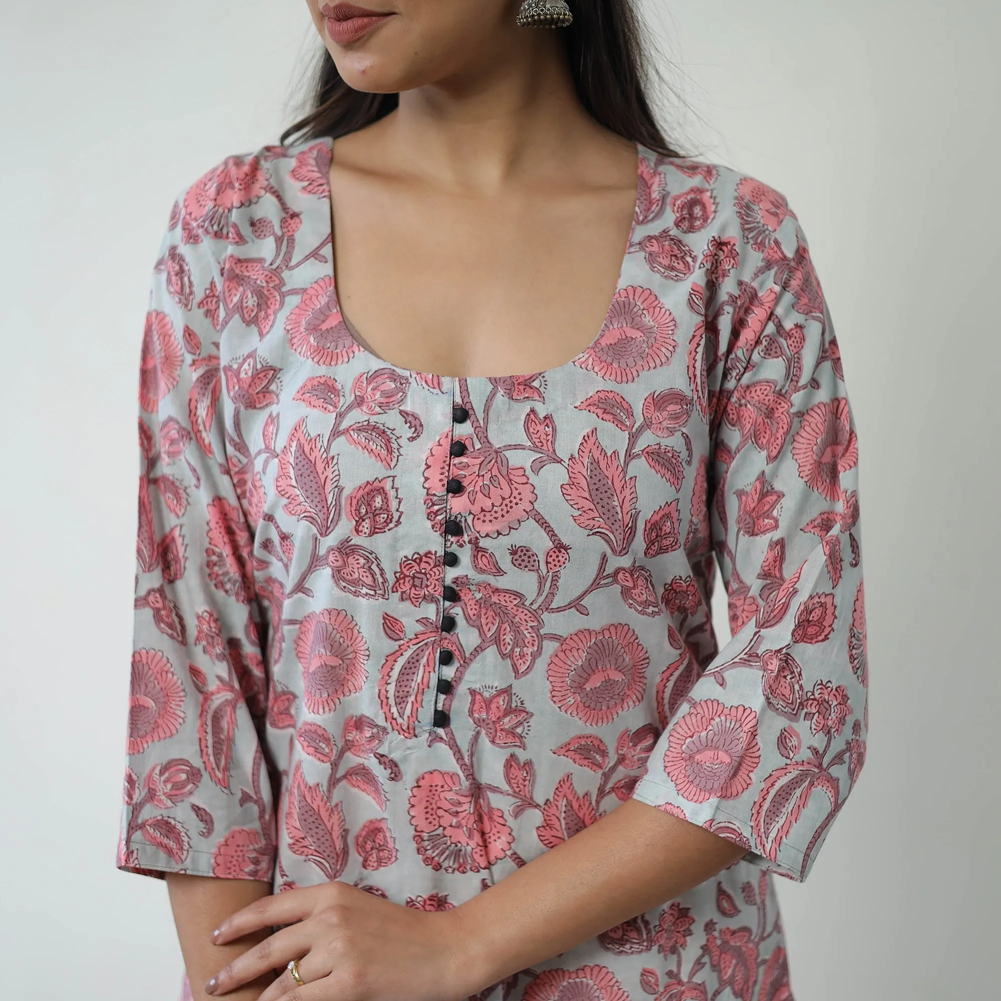 Grey - Sanganeri Block Printed Cotton Long Straight Kurta sold by Itokri product image thumbnail 4