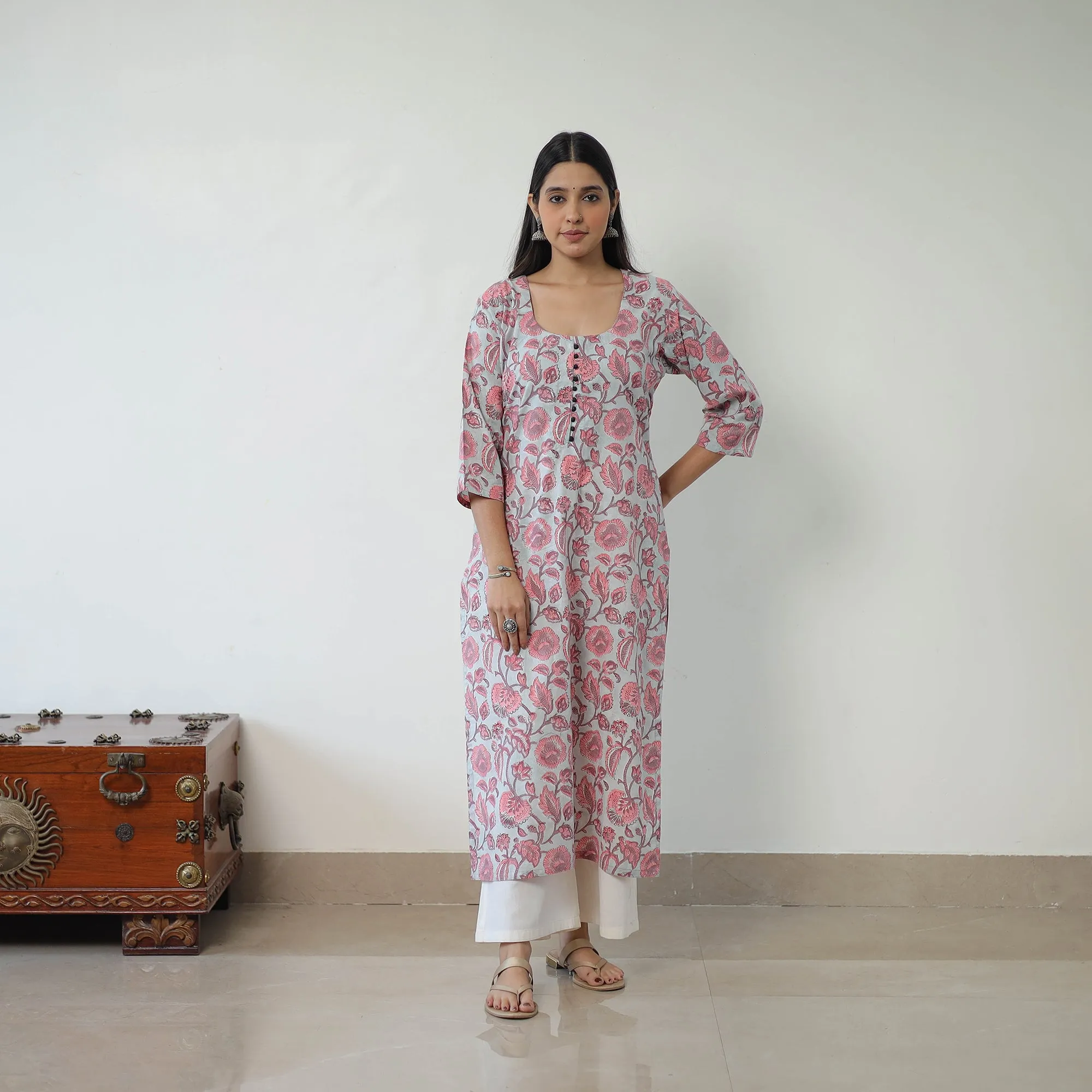 Grey - Sanganeri Block Printed Cotton Long Straight Kurta sold by Itokri product image thumbnail 2