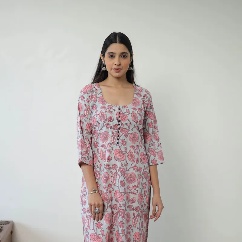 Grey - Sanganeri Block Printed Cotton Long Straight Kurta made by Itokri