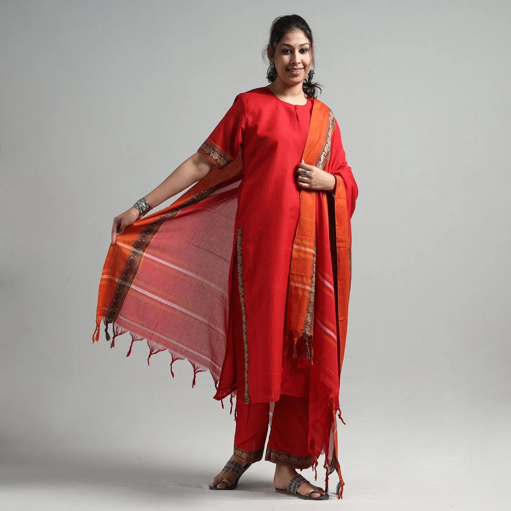 Red - Dharwad Cotton Kurta with Palazzo & Dupatta Set sold by Itokri product image thumbnail 2
