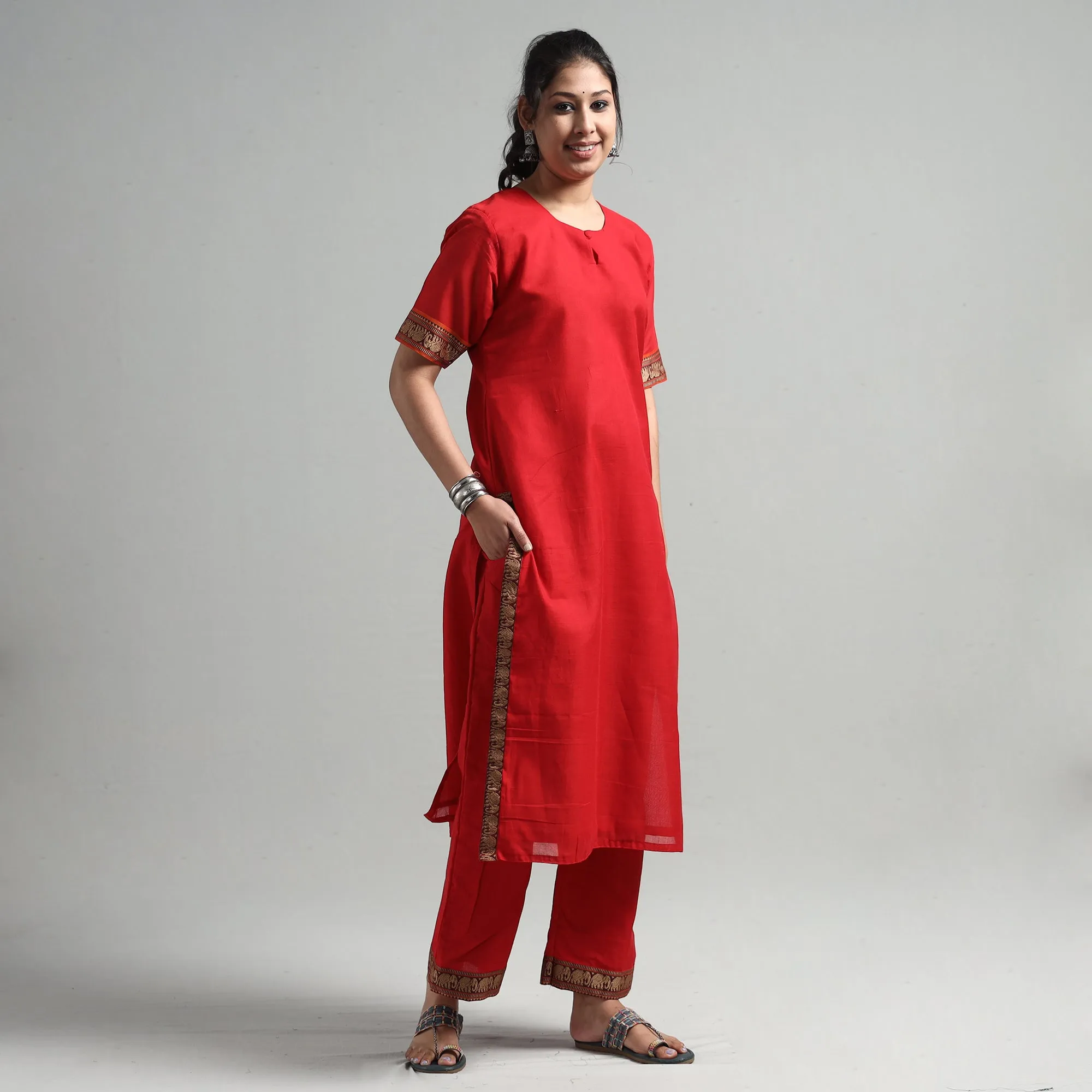 Red - Dharwad Cotton Kurta with Palazzo & Dupatta Set sold by Itokri product image thumbnail 4
