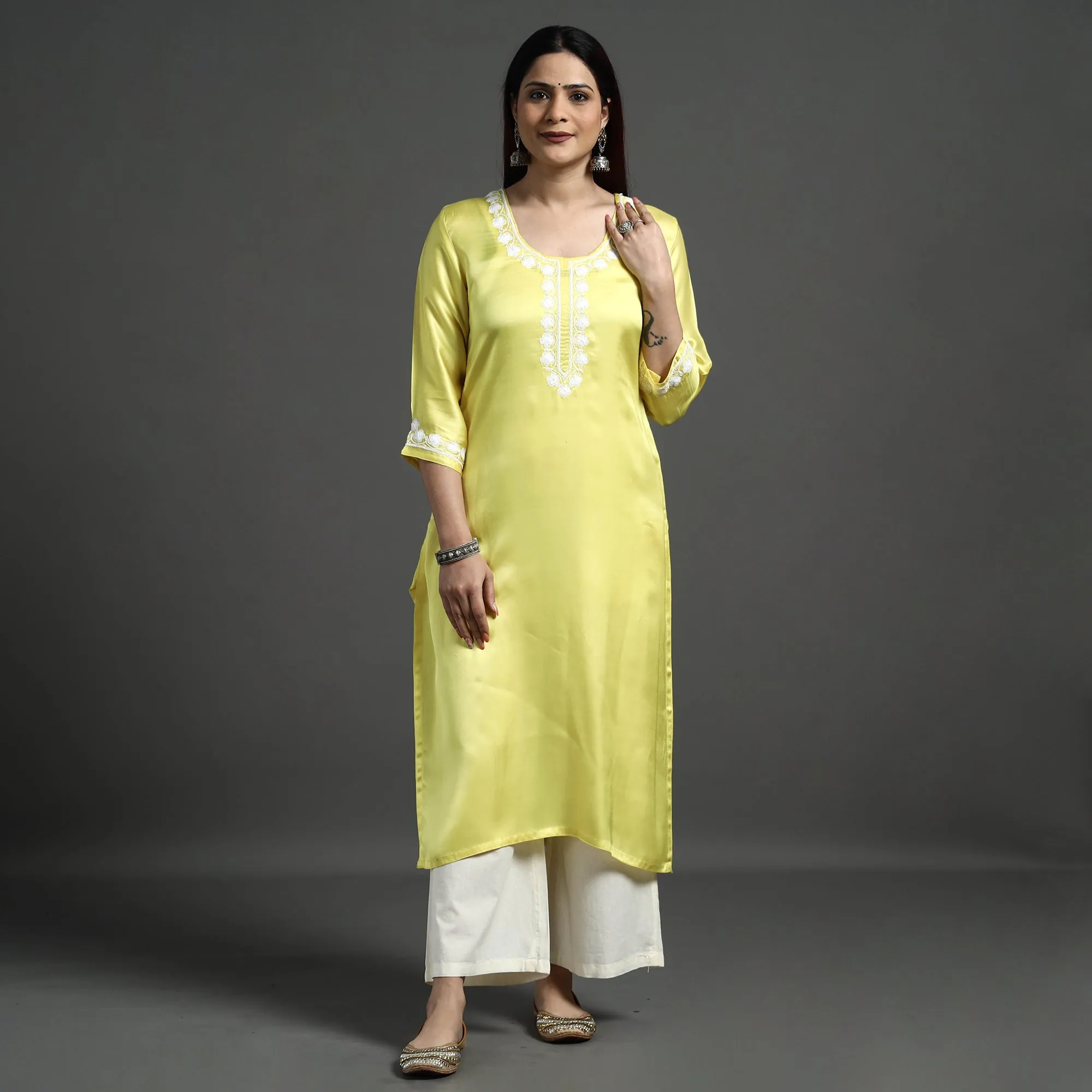 Yellow Modal Silk Noori Hand Embroidery Long Straight Kurta sold by Itokri product image thumbnail 3