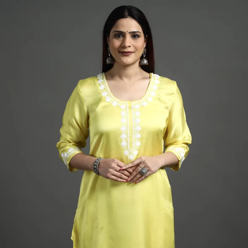 Yellow Modal Silk Noori Hand Embroidery Long Straight Kurta made by Itokri
