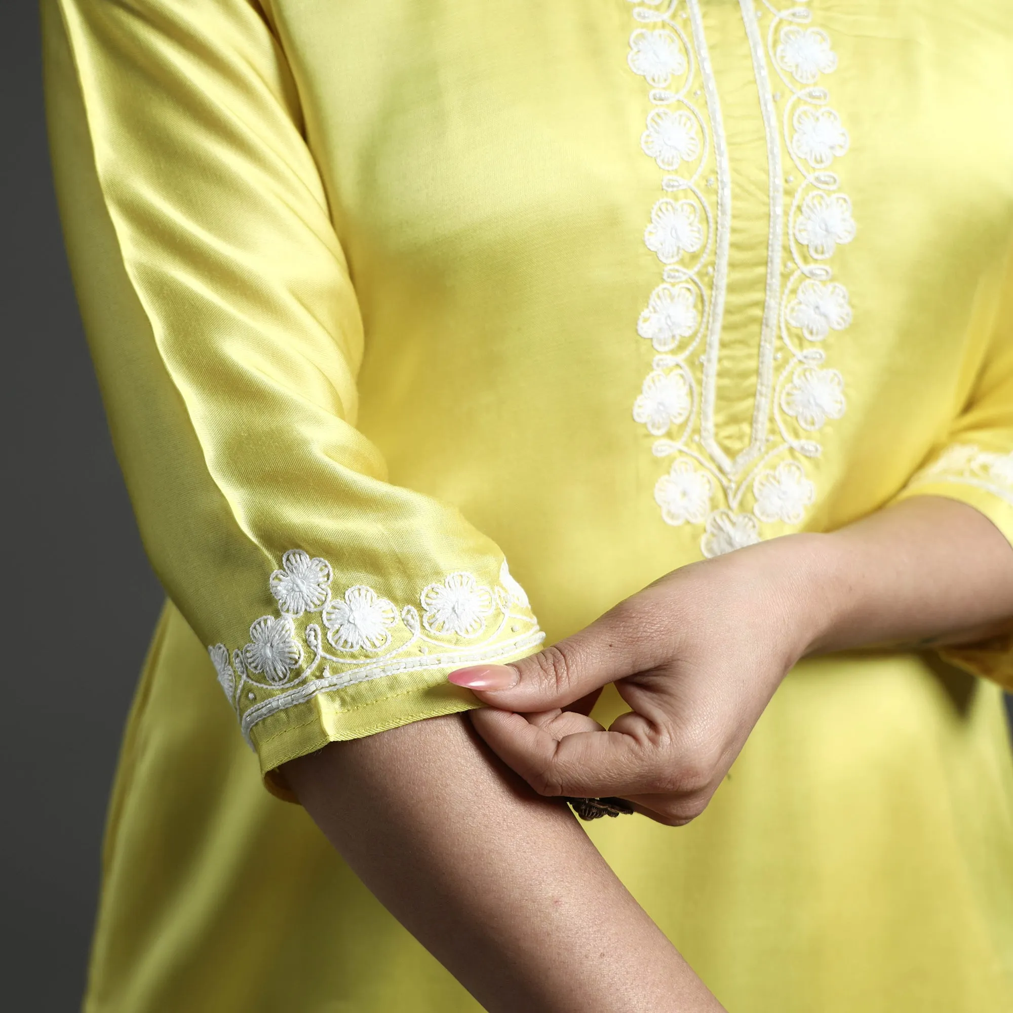 Yellow Modal Silk Noori Hand Embroidery Long Straight Kurta sold by Itokri product image thumbnail 5