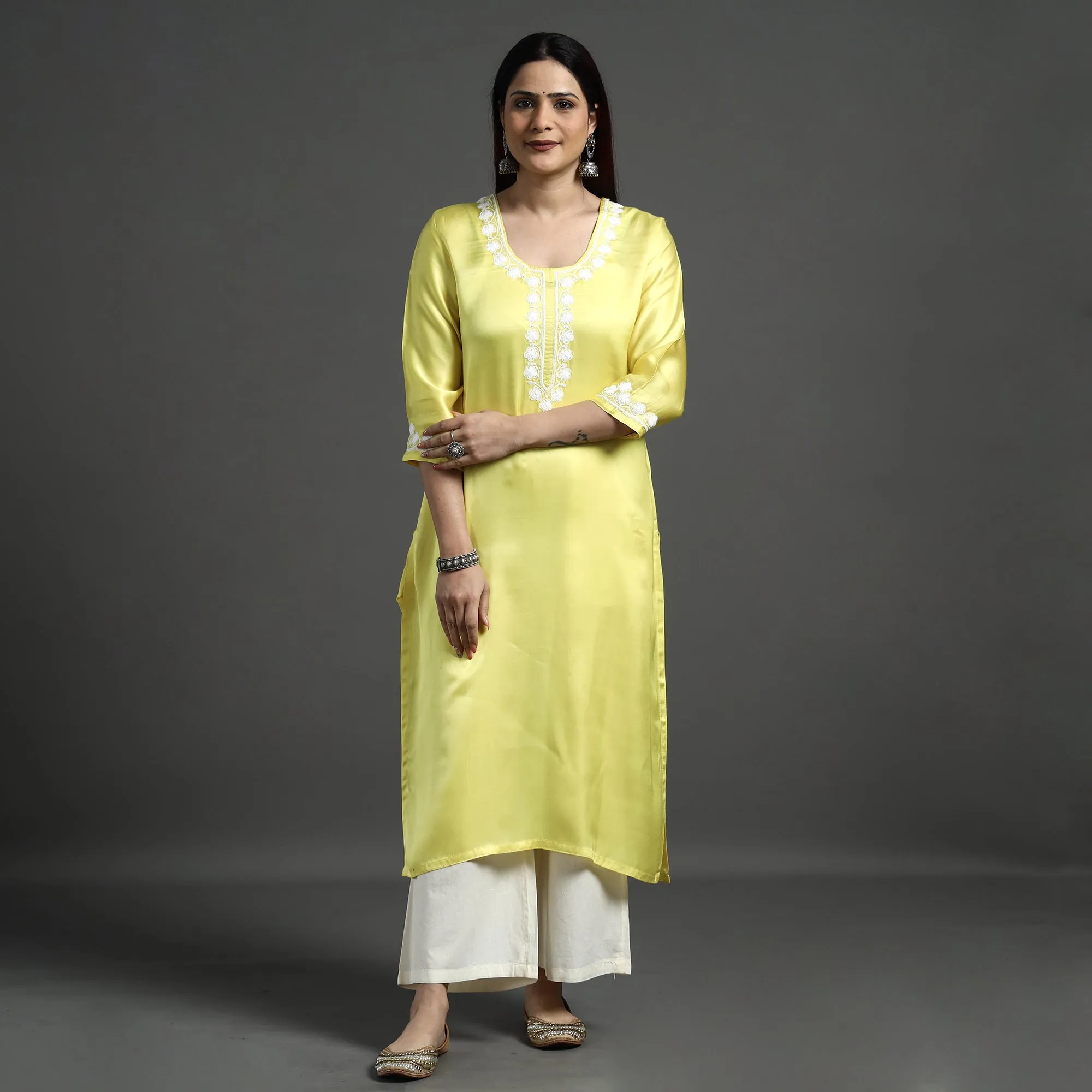Yellow Modal Silk Noori Hand Embroidery Long Straight Kurta sold by Itokri product image thumbnail 2