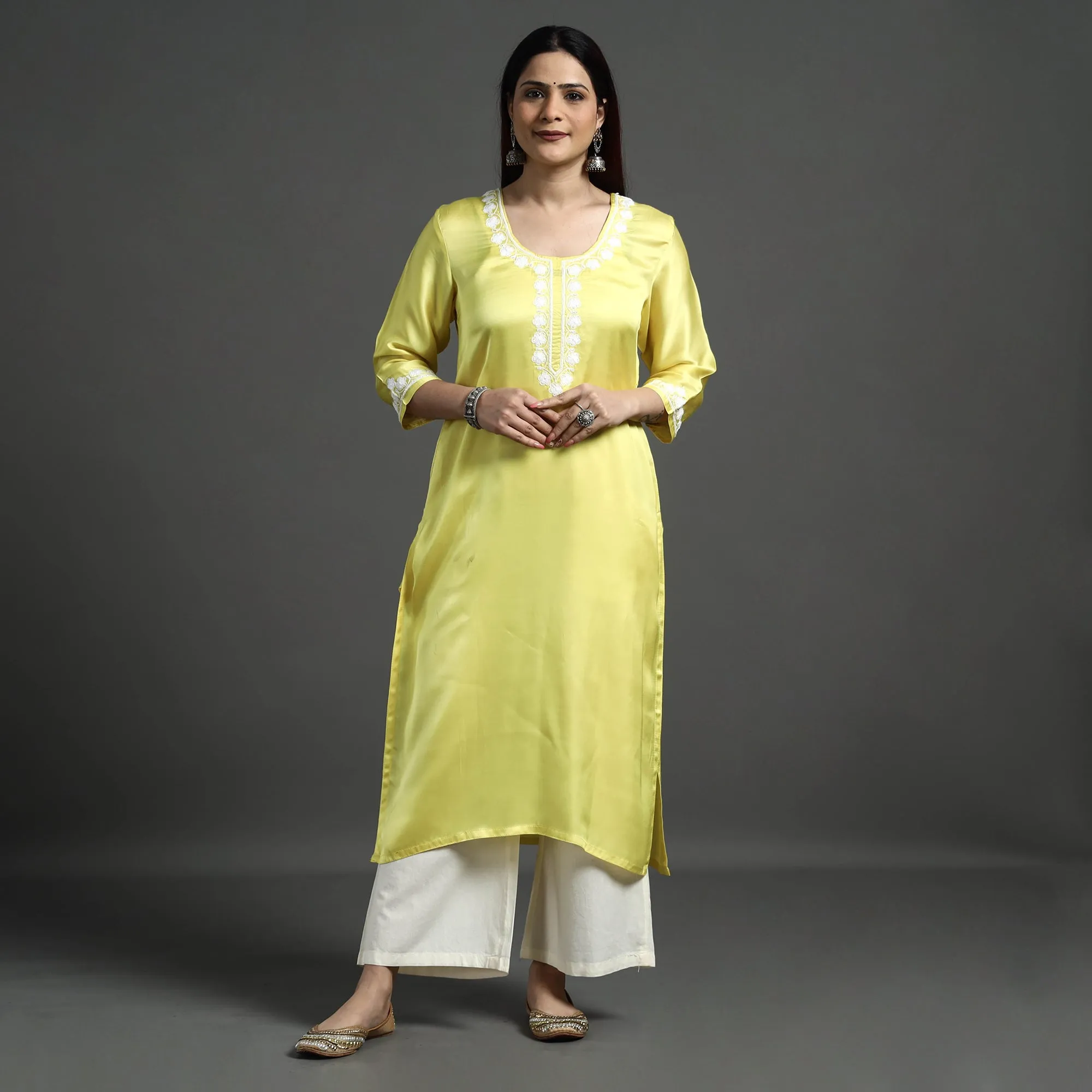 Yellow Modal Silk Noori Hand Embroidery Long Straight Kurta sold by Itokri product image thumbnail 4