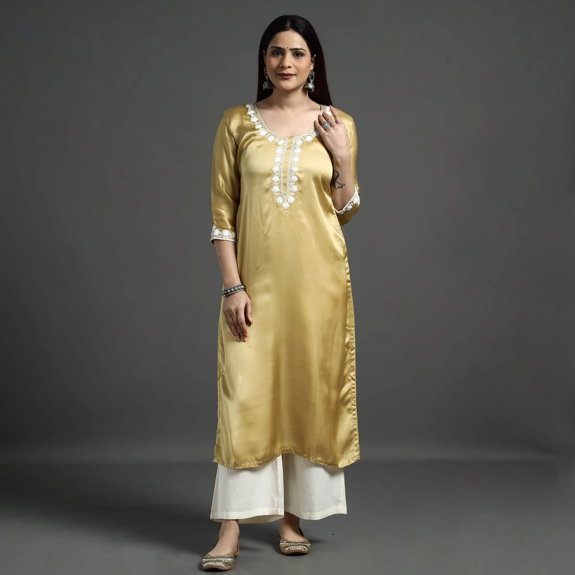 Yellow - Satin Gold Modal Silk Noori Hand Embroidery Long Straight Kurta sold by Itokri product image thumbnail 3