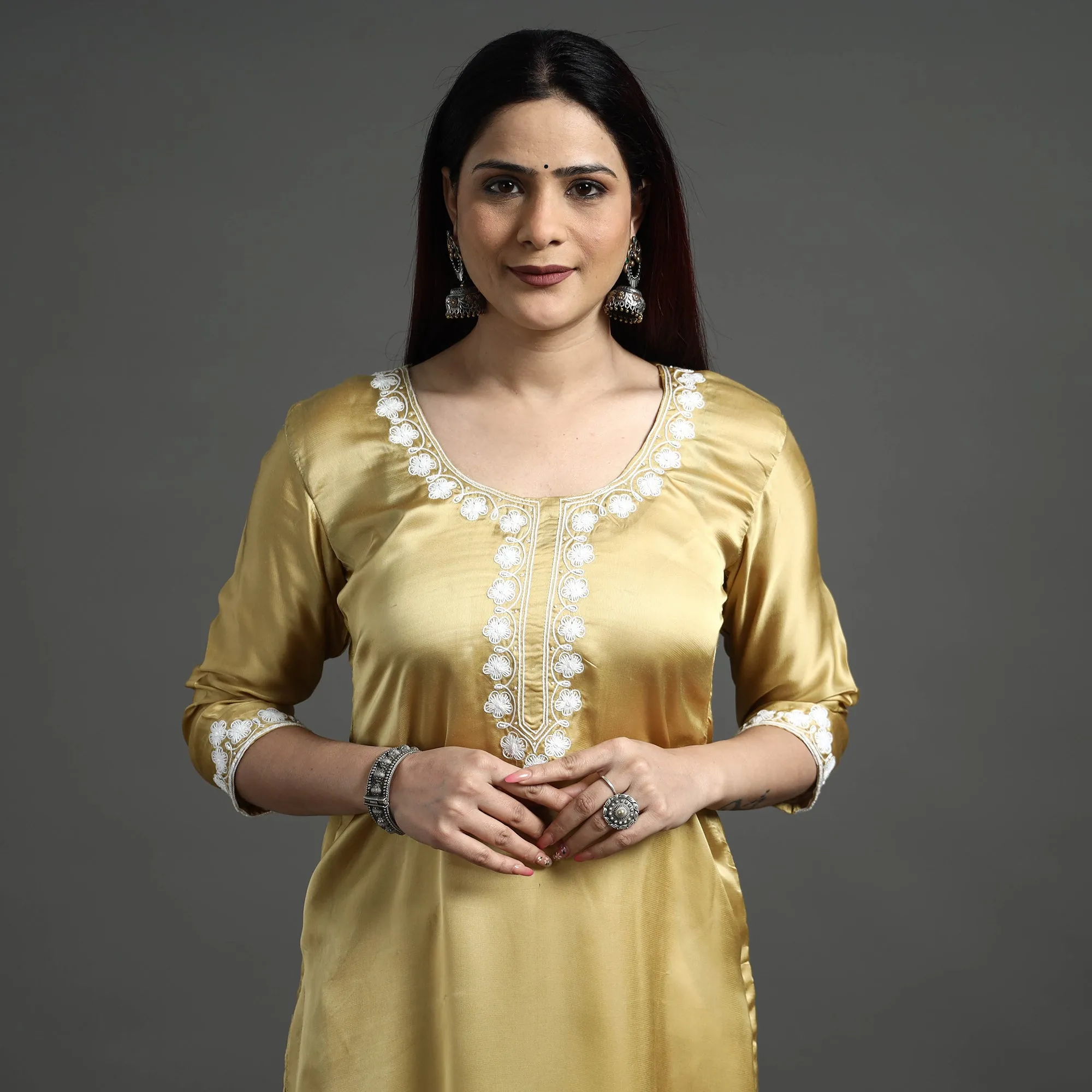 Yellow - Satin Gold Modal Silk Noori Hand Embroidery Long Straight Kurta sold by Itokri