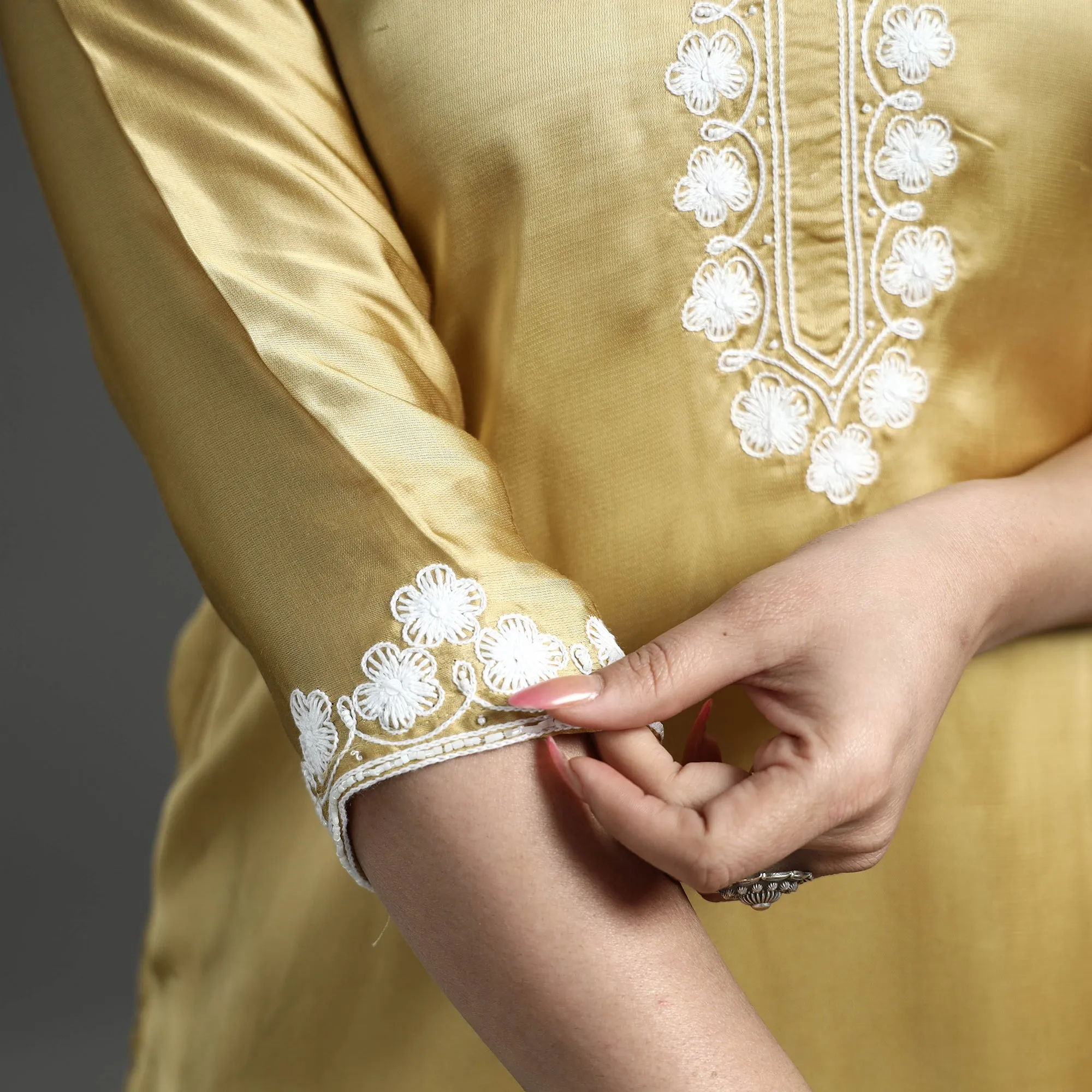 Yellow - Satin Gold Modal Silk Noori Hand Embroidery Long Straight Kurta sold by Itokri product image thumbnail 5