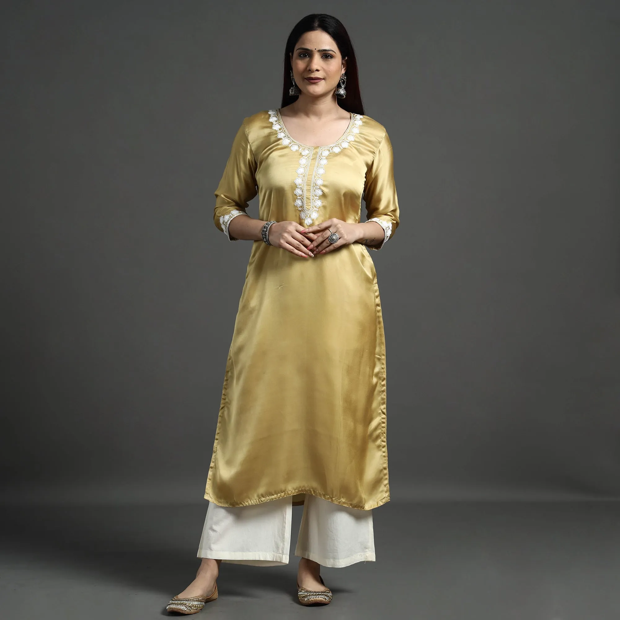 Yellow - Satin Gold Modal Silk Noori Hand Embroidery Long Straight Kurta sold by Itokri product image thumbnail 4