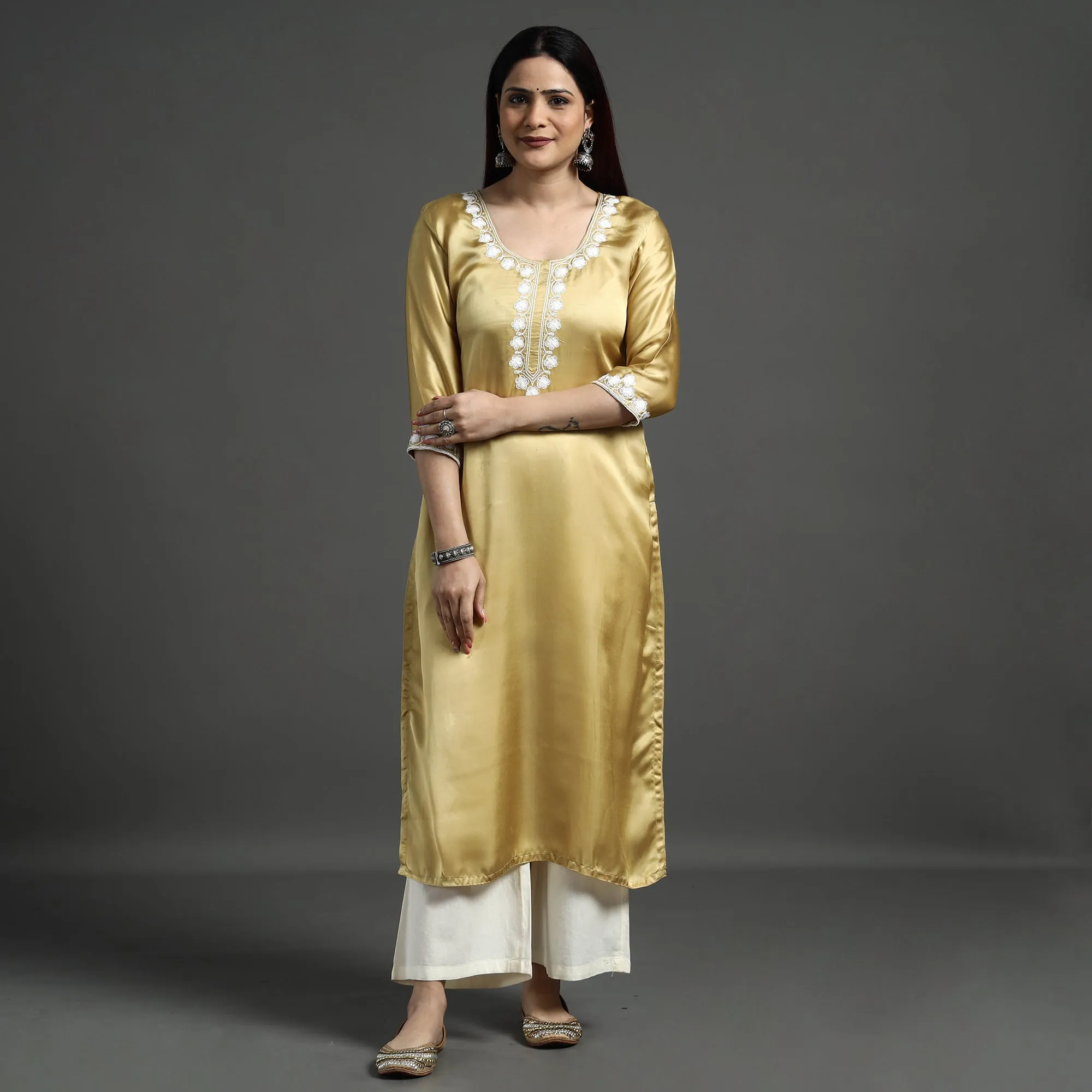 Yellow - Satin Gold Modal Silk Noori Hand Embroidery Long Straight Kurta sold by Itokri product image thumbnail 2