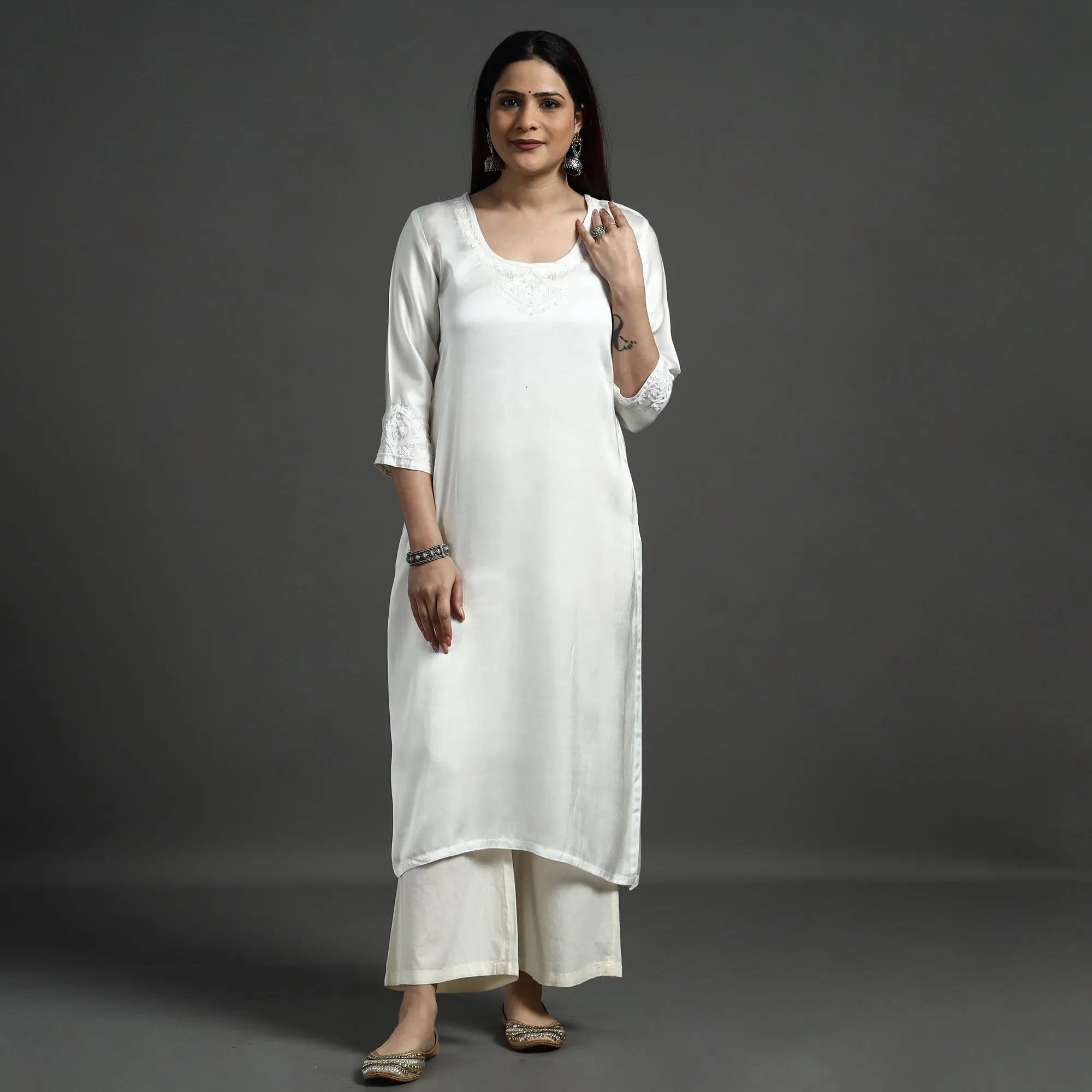 White Modal Silk Hand Embroidered Long Straight Kurta sold by Itokri product image thumbnail 3