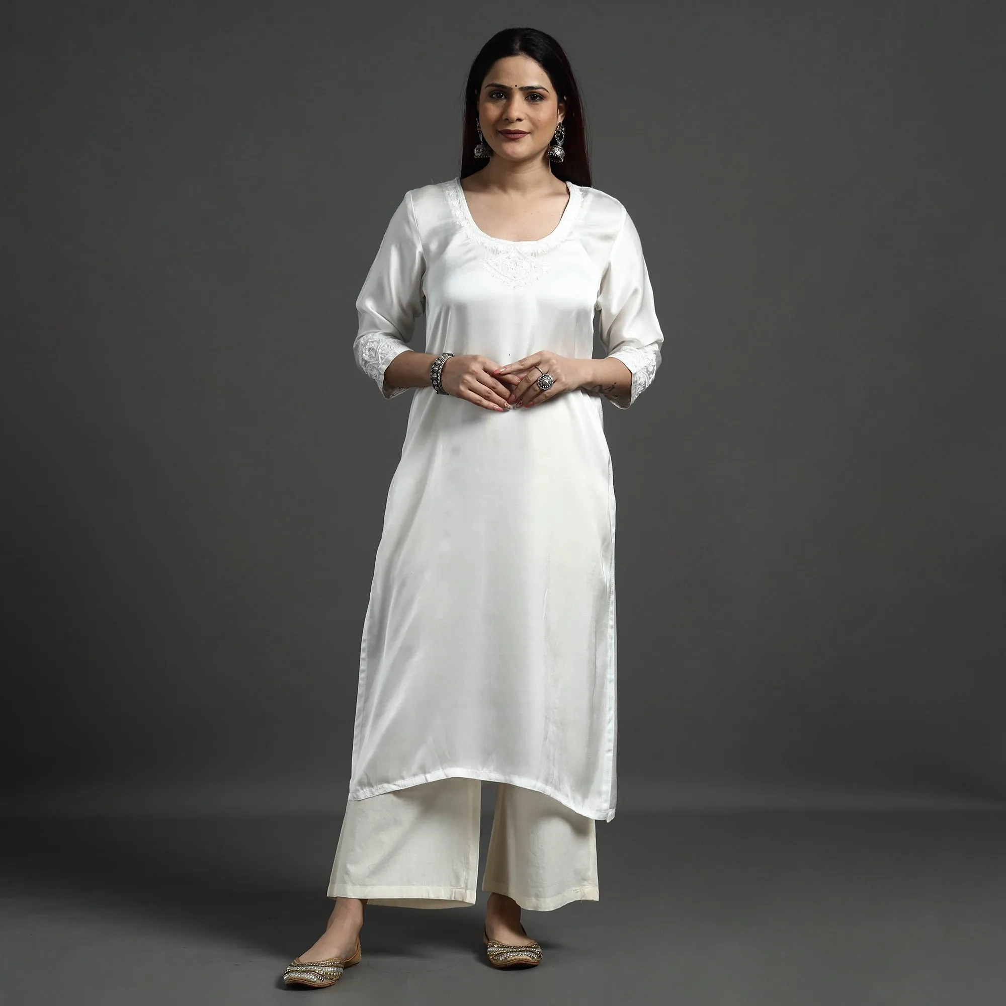 White Modal Silk Hand Embroidered Long Straight Kurta sold by Itokri product image thumbnail 4