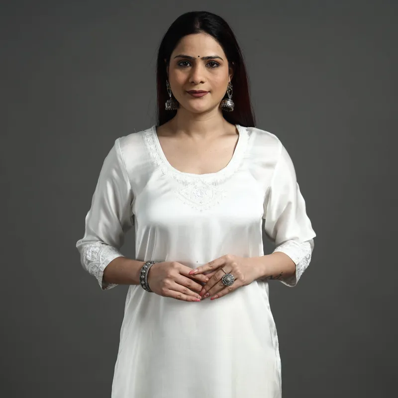White Modal Silk Hand Embroidered Long Straight Kurta made by Itokri