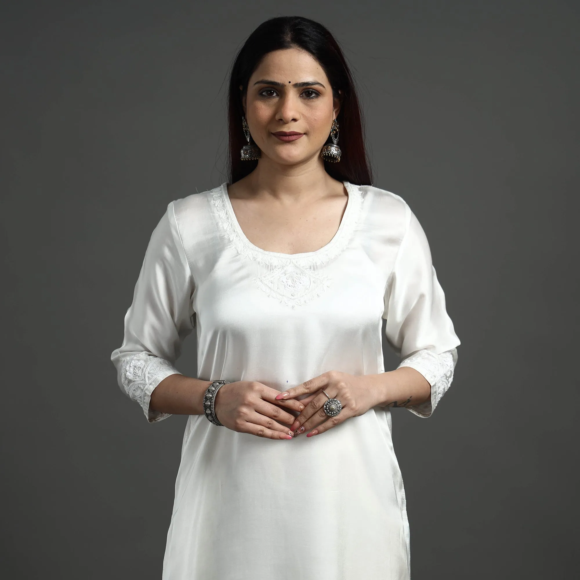 White Modal Silk Hand Embroidered Long Straight Kurta sold by Itokri