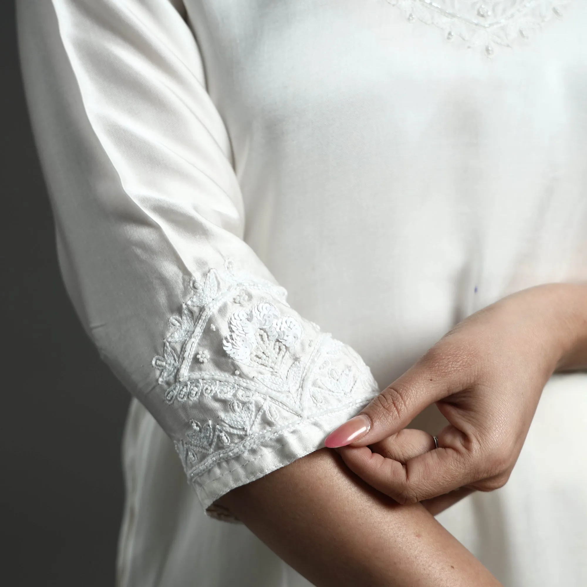 White Modal Silk Hand Embroidered Long Straight Kurta sold by Itokri product image thumbnail 5