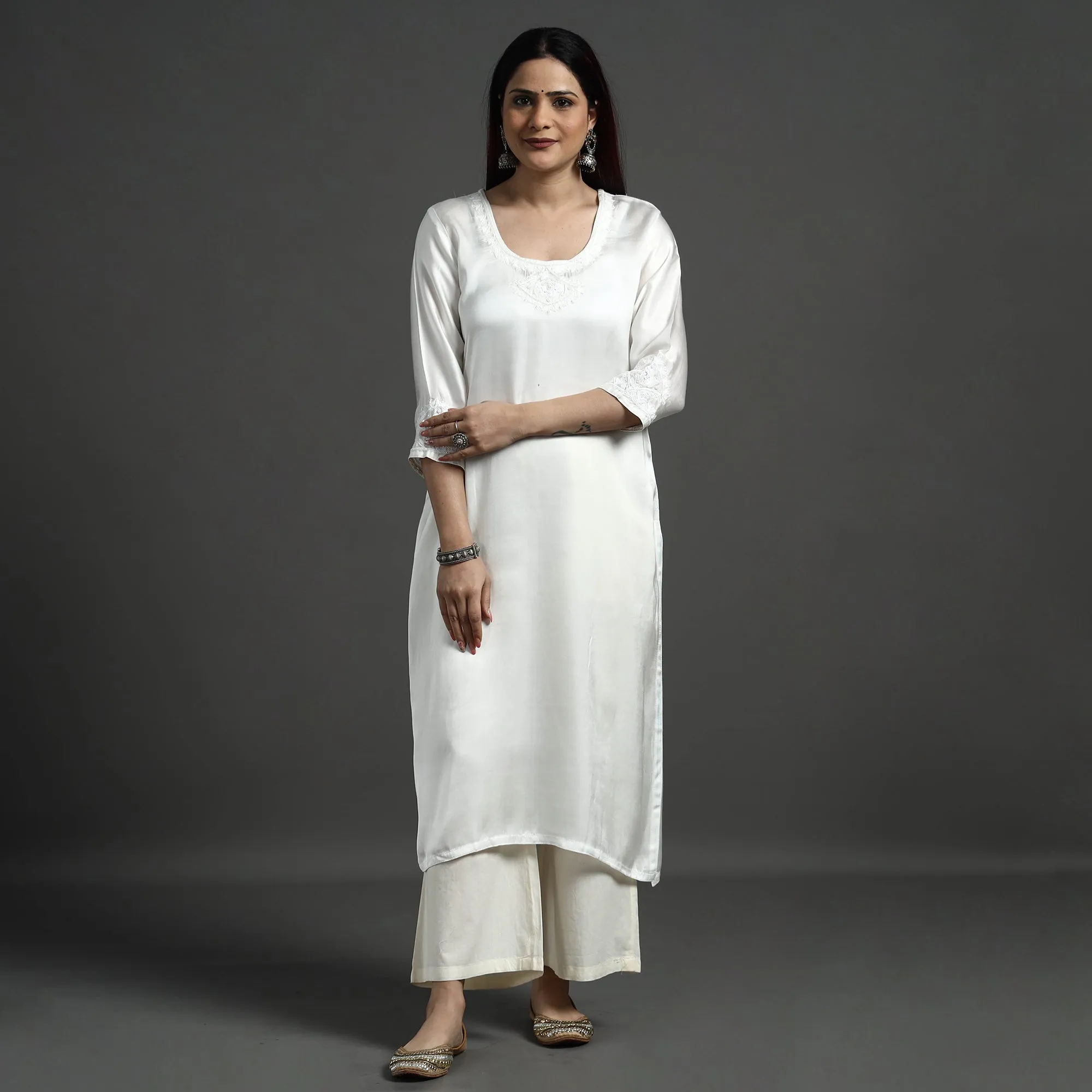 White Modal Silk Hand Embroidered Long Straight Kurta sold by Itokri product image thumbnail 2