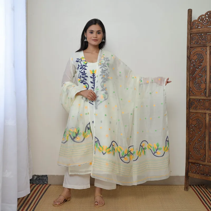 White - Bengal Jamdani Silk Cotton Kurta with Dupatta Set 05 made by Itokri