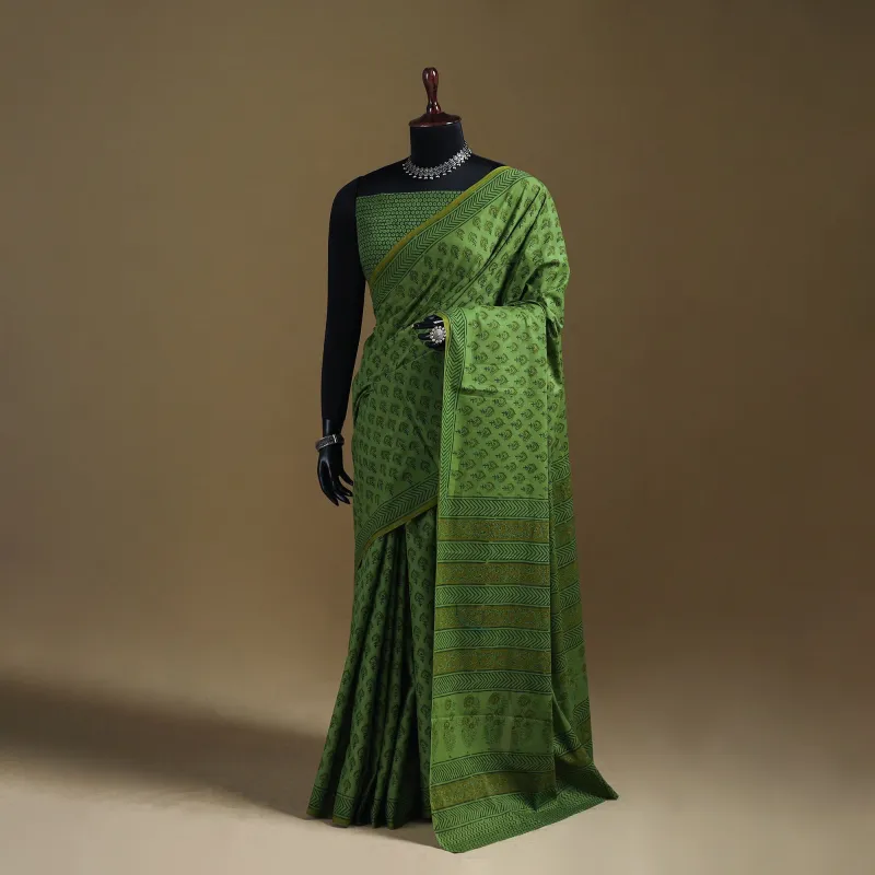 Green - Gamthi Hand Block Print Pure Mul Cotton Saree with Blouse Piece 50 made by Itokri
