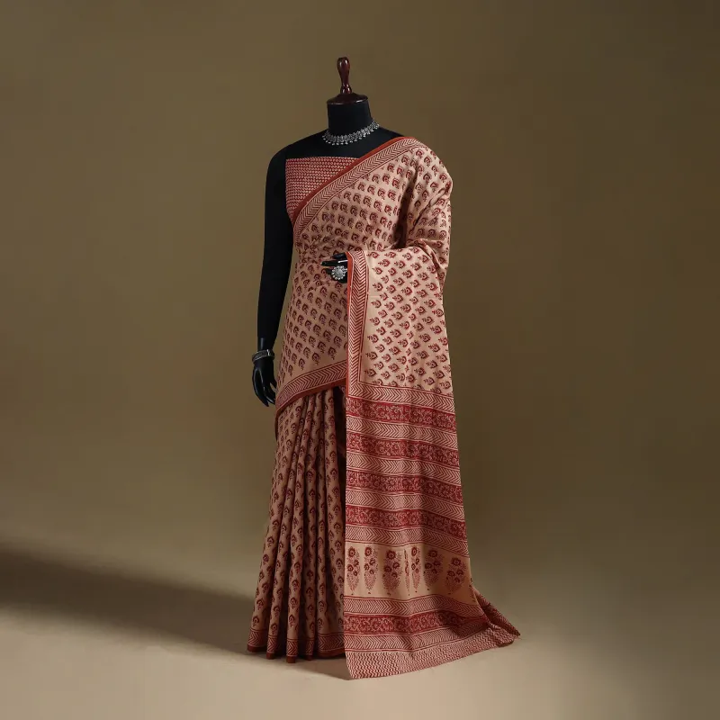 Beige - Gamthi Hand Block Print Pure Mul Cotton Saree with Blouse Piece 41 made by Itokri