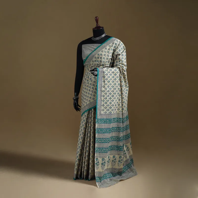 White - Gamthi Hand Block Print Pure Mul Cotton Saree with Blouse Piece 40 made by Itokri