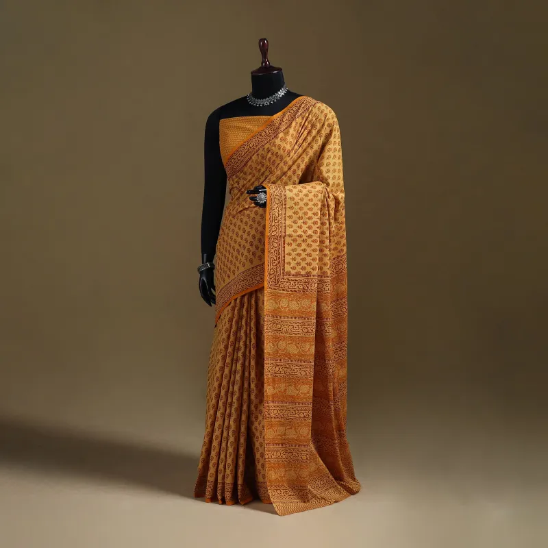 Yellow - Gamthi Hand Block Print Pure Mul Cotton Saree with Blouse Piece 34 made by Itokri