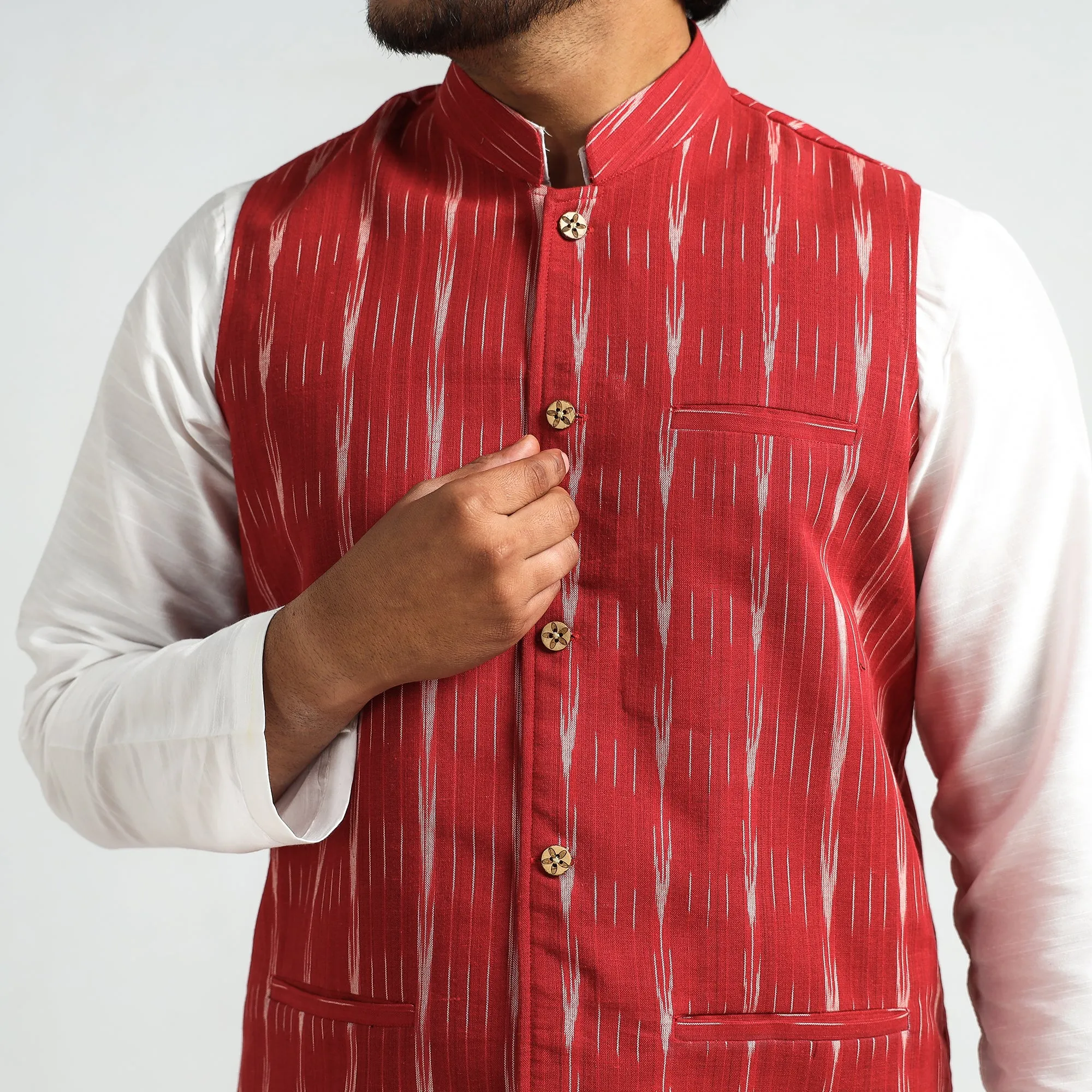 Red - Pochampally Ikat Cotton Men Nehru Jacket sold by Itokri product image thumbnail 4