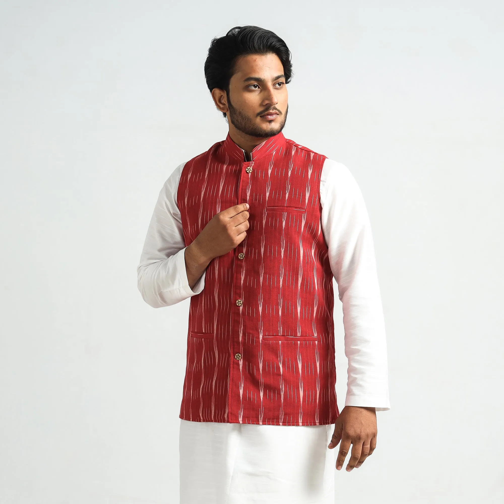 Red - Pochampally Ikat Cotton Men Nehru Jacket sold by Itokri product image thumbnail 3