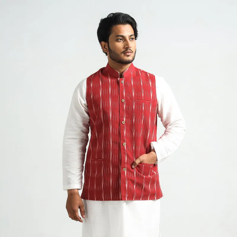 Red - Pochampally Ikat Cotton Men Nehru Jacket made by Itokri