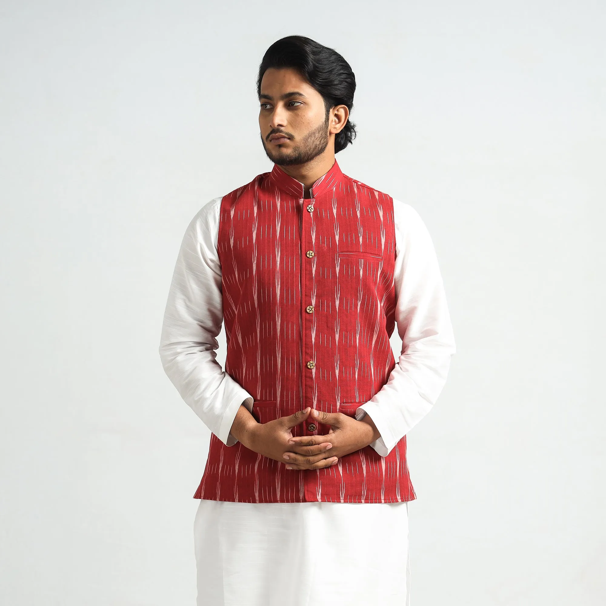 Red - Pochampally Ikat Cotton Men Nehru Jacket sold by Itokri product image thumbnail 2
