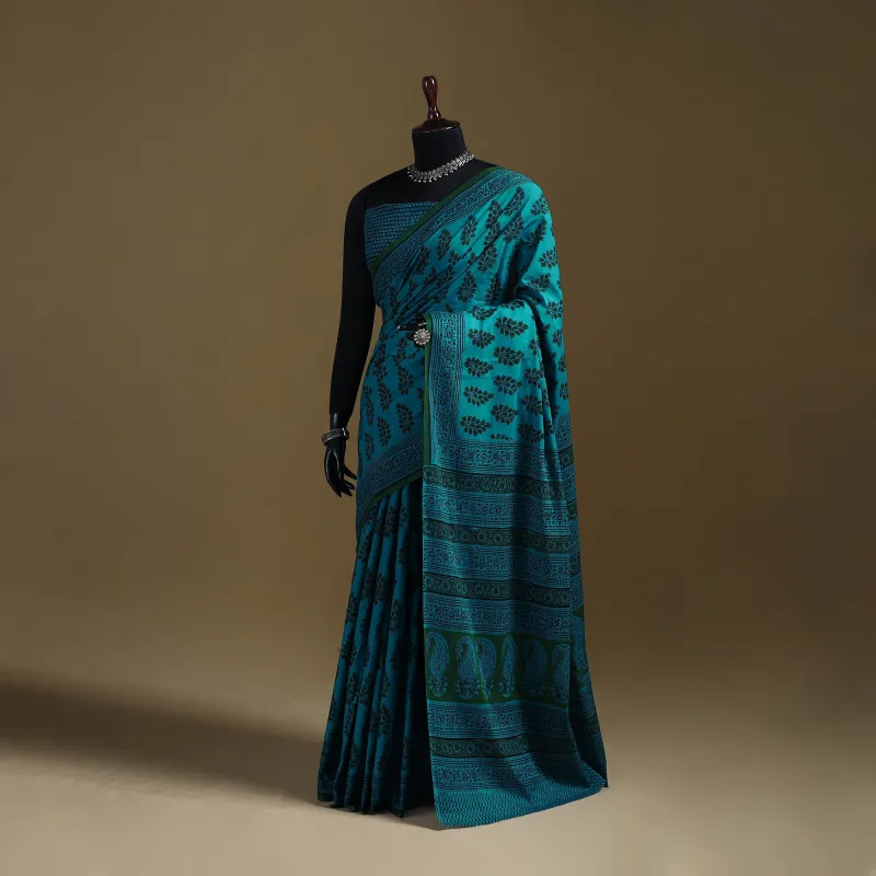 Blue - Gamthi Hand Block Print Pure Mul Cotton Saree with Blouse Piece 23 made by Itokri