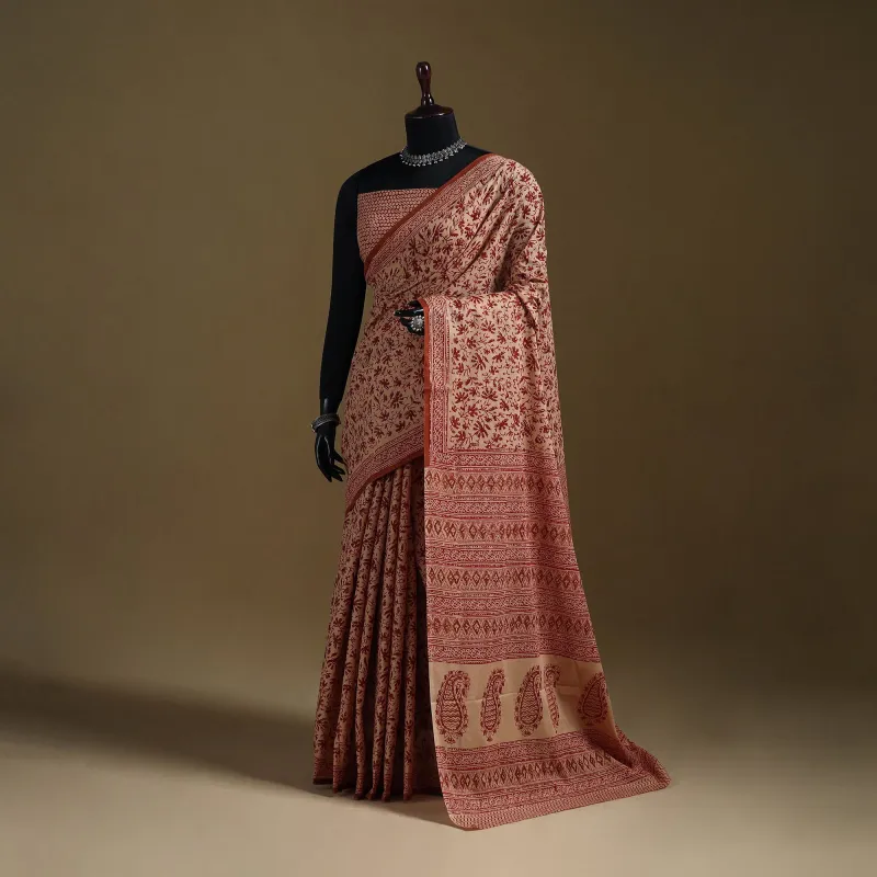 Beige - Gamthi Hand Block Print Pure Mul Cotton Saree with Blouse Piece 10 made by Itokri