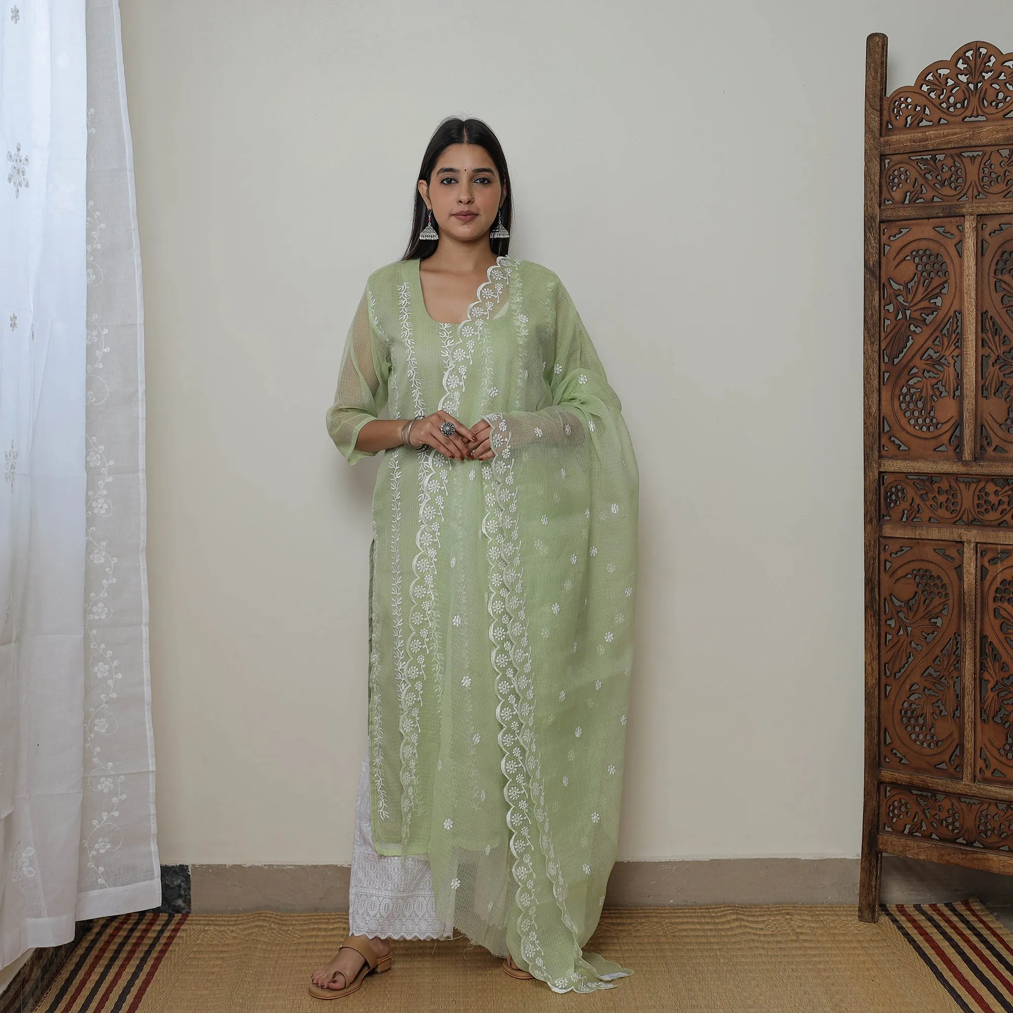 Green - Kota Doria Cotton Embroidery Kurta Suit Set 12 sold by Itokri product image thumbnail 2