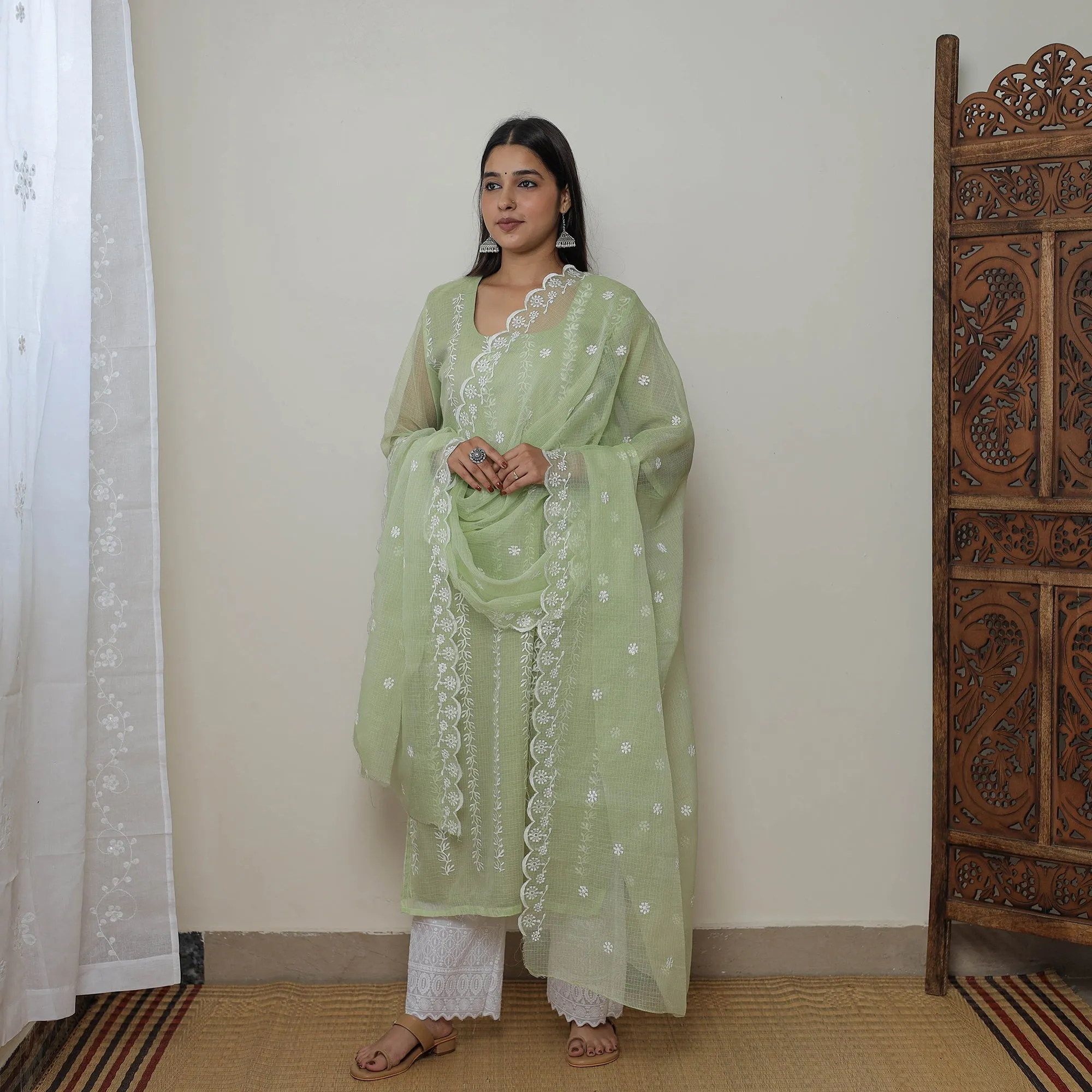 Green - Kota Doria Cotton Embroidery Kurta Suit Set 12 sold by Itokri product image thumbnail 3